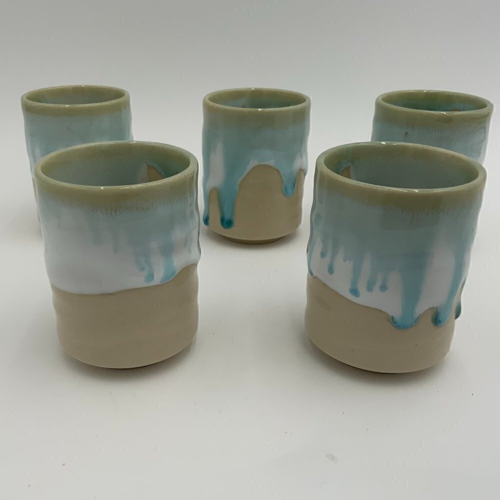 Set of 5 Mino Ware Japan Pottery Yunomi Chawan Teacups Frost White/Glacier Blue